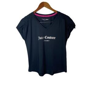 Juicy Couture Sport Black V‑Neck Top • Silver Logo Graphic • Size Large
